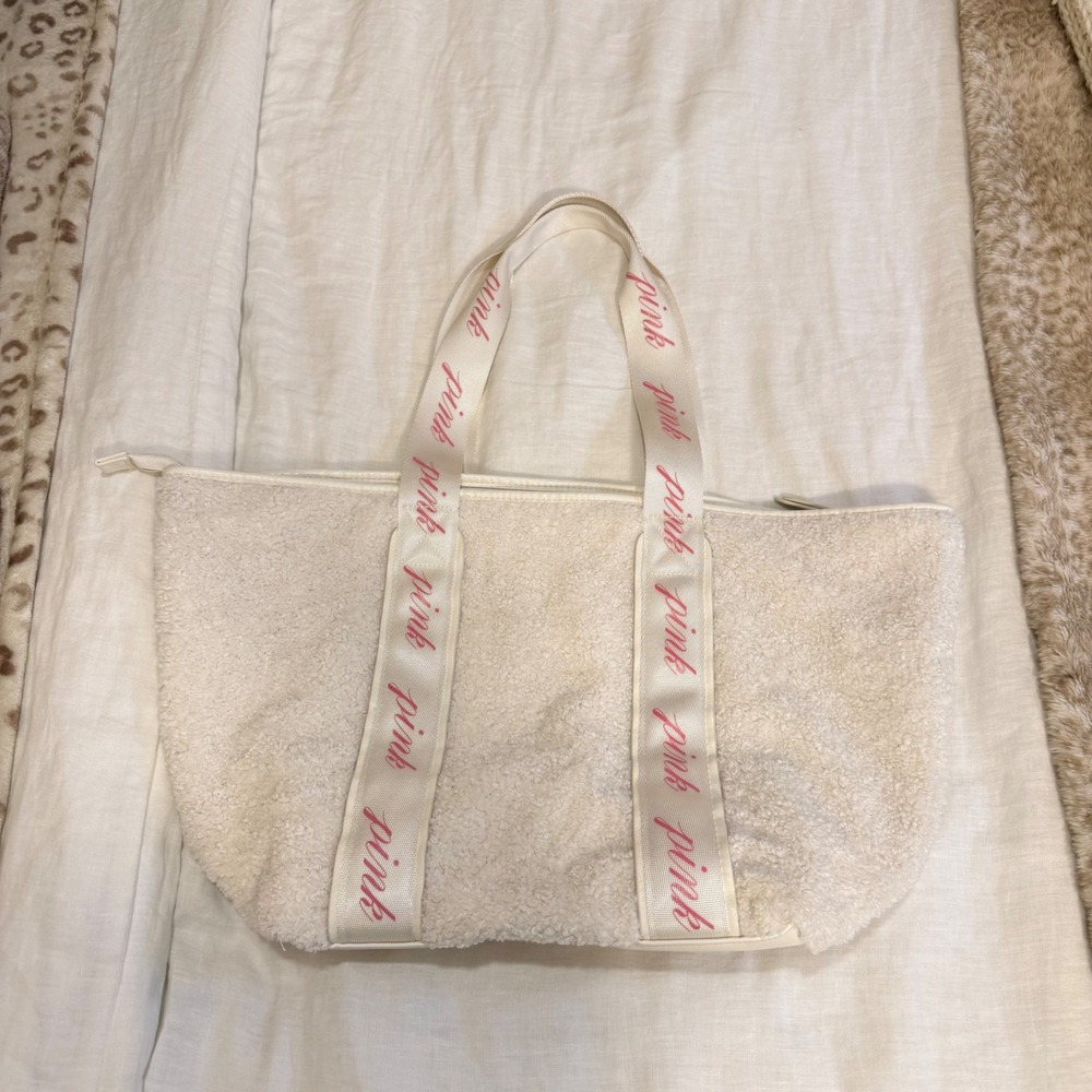 Victorias Secret PINK Sherpa Tote Bag Cream Faux Shearling Logo Strap Zip Top